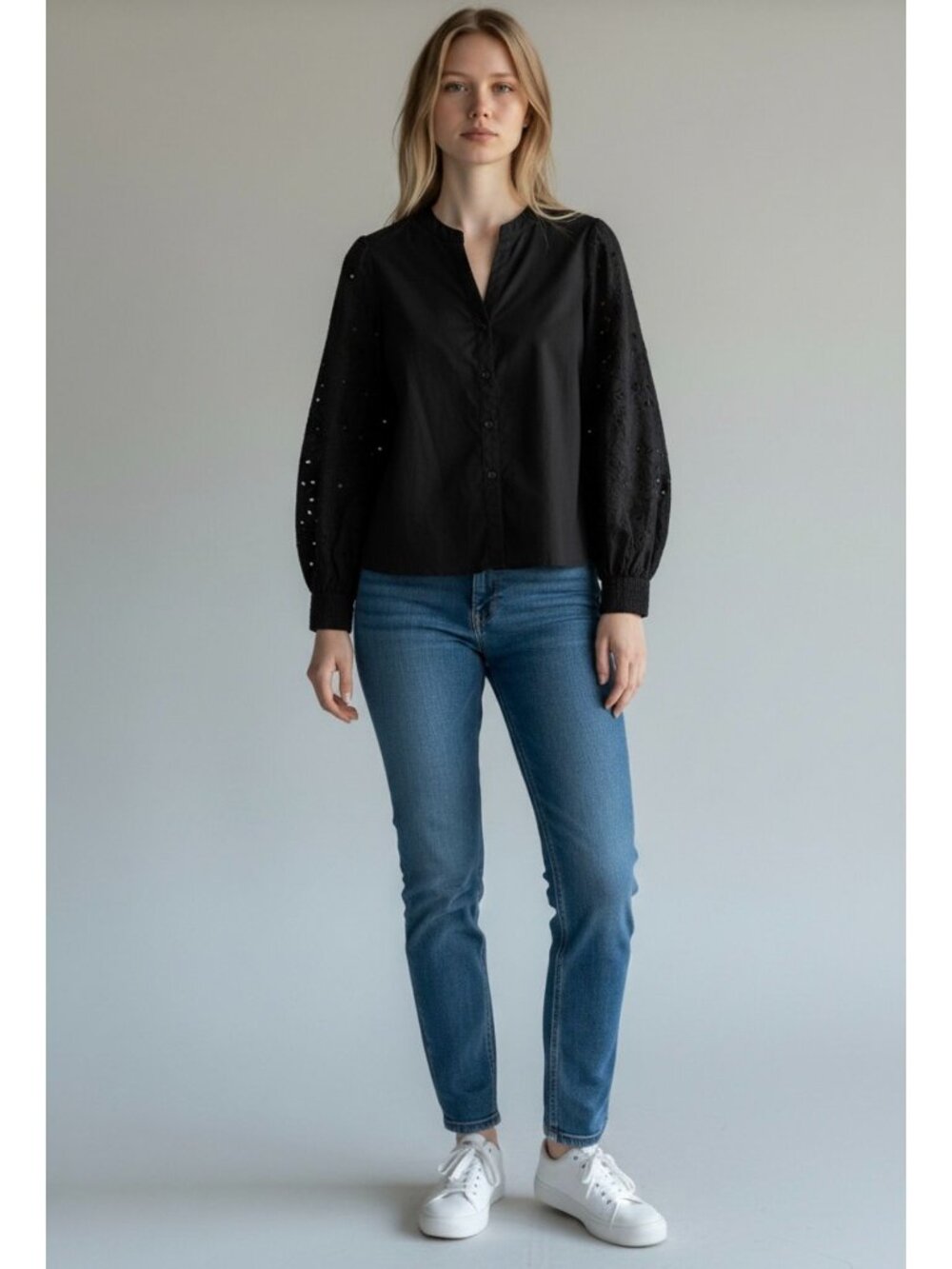 NWT J. Crew Black Eyelet Sleeve Button Front Top - Size: Small